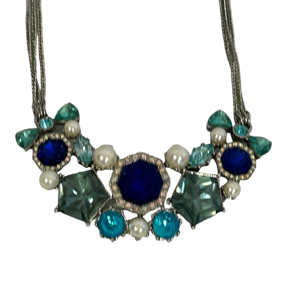 Betsey Johnson Necklace Blue, Teal Faux Pearls, Rhinestones, Bows, Silver Signed
